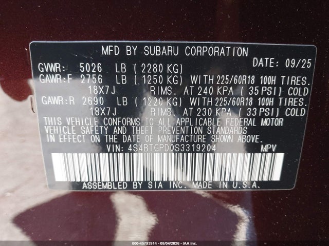 2025 Subaru Outback Touring Xt მანქანა იყიდება აუქციონზე, vin: 4S4BTGPD0S3319204, აუქციონის ნომერი: 45793914