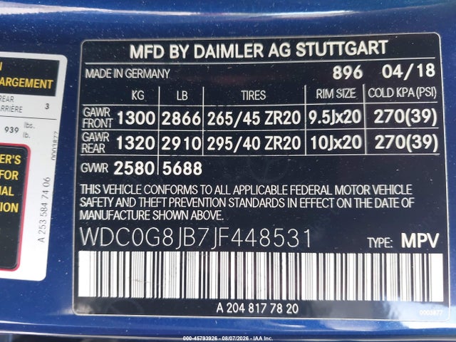 45793926 :رقم المزاد ، WDC0G8JB7JF448531 vin ، 2018 Mercedes-benz Amg Glc 63 4matic مزاد بيع
