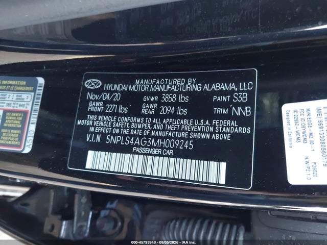 Продажа на аукционе авто 2021 Hyundai Elantra Sel, vin: 5NPLS4AG3MH009245, номер лота: 45793949