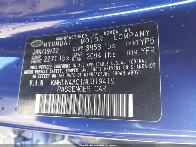 Auction sale of the 2022 Hyundai Elantra Sel, vin: KMHLN4AG1NU319419, lot number: 45793954