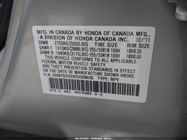 Aukcja sprzedaży 2012 Acura Mdx, vin: 2HNYD2H2XCH508656, numer aukcji: 45793957