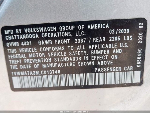 2020 Volkswagen Passat 2.0t R-line მანქანა იყიდება აუქციონზე, vin: 1VWMA7A35LC013746, აუქციონის ნომერი: 45793974