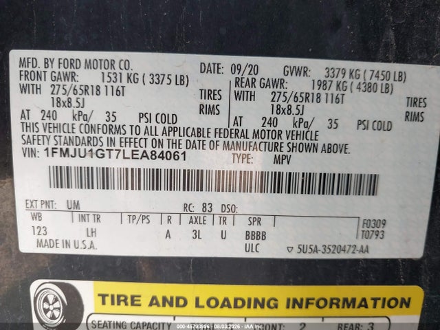 Продажа на аукционе авто 2020 Ford Expedition Xl, vin: 1FMJU1GT7LEA84061, номер лота: 45793996