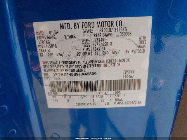 2009 Ford F-150 Stx/xl/xlt მანქანა იყიდება აუქციონზე, vin: 1FTRX14889FA49899, აუქციონის ნომერი: 45794000