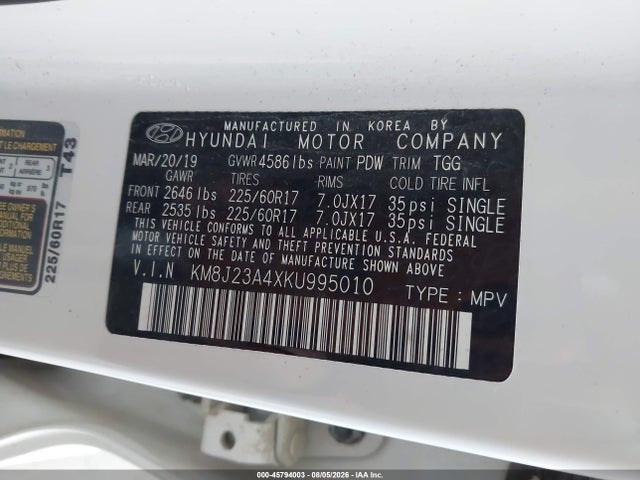 45794003 :رقم المزاد ، KM8J23A4XKU995010 vin ، 2019 Hyundai Tucson Se مزاد بيع