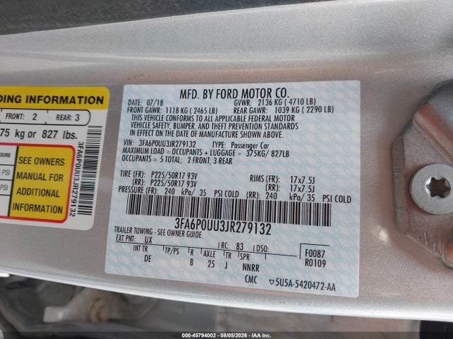 2018 Ford Fusion Hybrid S მანქანა იყიდება აუქციონზე, vin: 3FA6P0UU3JR279132, აუქციონის ნომერი: 45794002