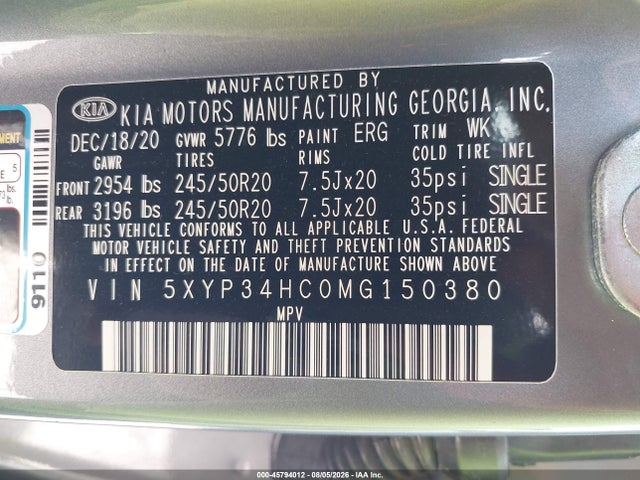 2021 Kia Telluride Ex მანქანა იყიდება აუქციონზე, vin: 5XYP34HC0MG150380, აუქციონის ნომერი: 45794012