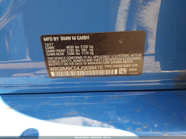 2018 Bmw M3 Cs მანქანა იყიდება აუქციონზე, vin: WBS8M9C54J5K98410, აუქციონის ნომერი: 45794018