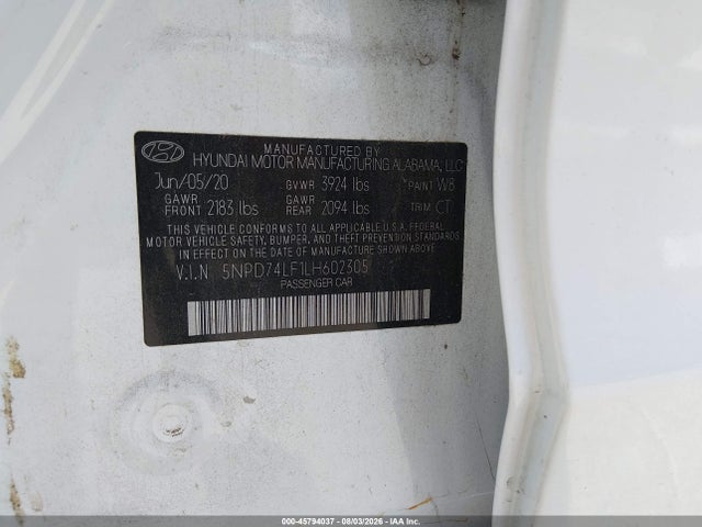 2020 Hyundai Elantra Se მანქანა იყიდება აუქციონზე, vin: 5NPD74LF1LH602305, აუქციონის ნომერი: 45794037