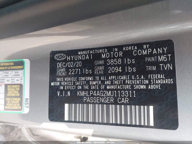 Aukcja sprzedaży 2021 Hyundai Elantra Limited, vin: KMHLP4AG2MU113311, numer aukcji: 45794052