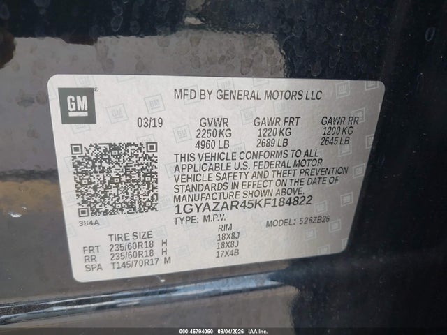 45794060 :رقم المزاد ، 1GYAZAR45KF184822 vin ، 2019 Cadillac Xt4 Luxury مزاد بيع