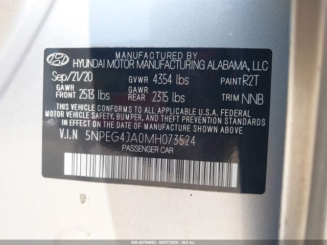 Aukcja sprzedaży 2021 Hyundai Sonata Se, vin: 5NPEG4JA0MH073524, numer aukcji: 45794063