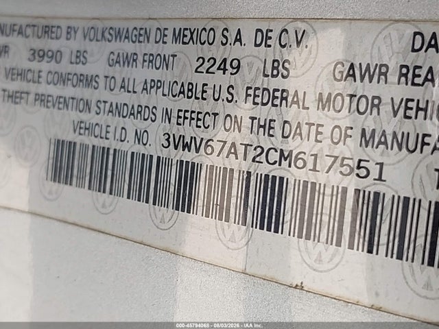 2012 Volkswagen Beetle 2.0t მანქანა იყიდება აუქციონზე, vin: 3VWV67AT2CM617551, აუქციონის ნომერი: 45794068