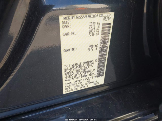 45794074 :رقم المزاد ، 1N4AL3AP7EC422710 vin ، 2014 Nissan Altima 2.5 Sv مزاد بيع