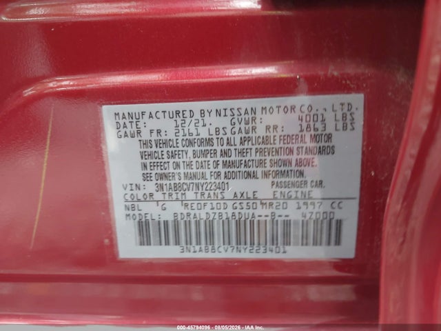 Продаж на аукціоні авто 2022 Nissan Sentra Sv Xtronic Cvt, vin: 3N1AB8CV7NY223401, номер лоту: 45794096