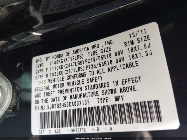 Продажа на аукционе авто 2012 Acura Rdx, vin: 5J8TB2H53CA002165, номер лота: 45794104