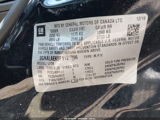 2015 Chevrolet Equinox Ls მანქანა იყიდება აუქციონზე, vin: 2GNALAEK9F1127796, აუქციონის ნომერი: 45794108