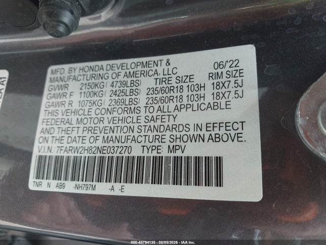 Продаж на аукціоні авто 2022 Honda Cr-v Awd Ex-l, vin: 7FARW2H82NE037270, номер лоту: 45794135