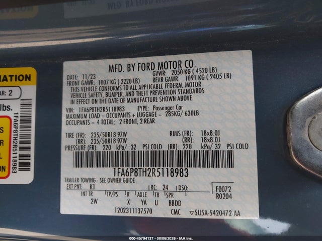 2024 Ford Mustang Ecoboost Fastback მანქანა იყიდება აუქციონზე, vin: 1FA6P8TH2R5118983, აუქციონის ნომერი: 45794137
