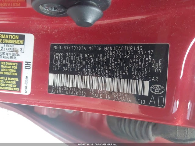 Продаж на аукціоні авто 2018 Toyota Corolla Se, vin: 2T1BURHEXJC013850, номер лоту: 45794138