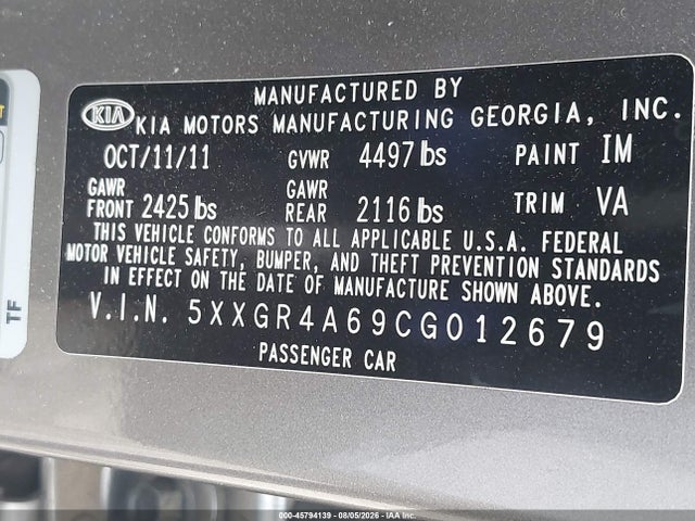 Aukcja sprzedaży 2012 Kia Optima Sx, vin: 5XXGR4A69CG012679, numer aukcji: 45794139