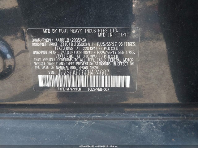 2012 Subaru Forester 2.5x Limited მანქანა იყიდება აუქციონზე, vin: JF2SHAEC6CH424607, აუქციონის ნომერი: 45794165
