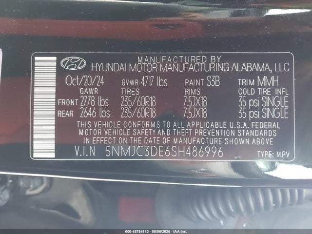 45794180 :رقم المزاد ، 5NMJC3DE6SH486996 vin ، 2025 Hyundai Tucson Sel Convenience مزاد بيع