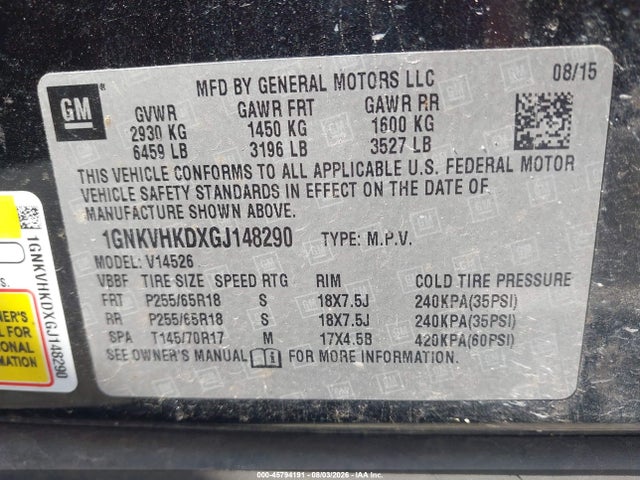 45794191 :رقم المزاد ، 1GNKVHKDXGJ148290 vin ، 2016 Chevrolet Traverse Lt مزاد بيع