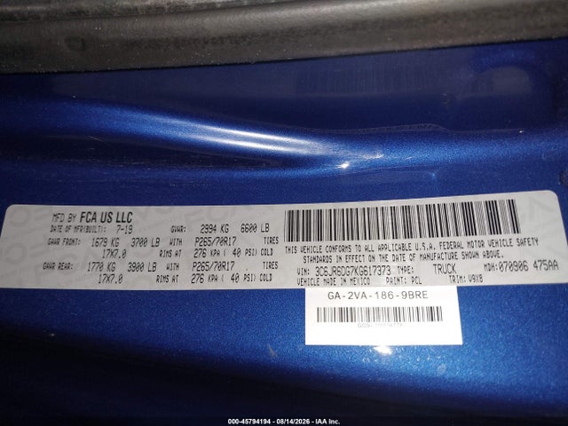 45794194 :رقم المزاد ، 3C6JR6DG7KG617373 vin ، 2019 Ram 1500 Classic Tradesman  4x2 8' Box مزاد بيع