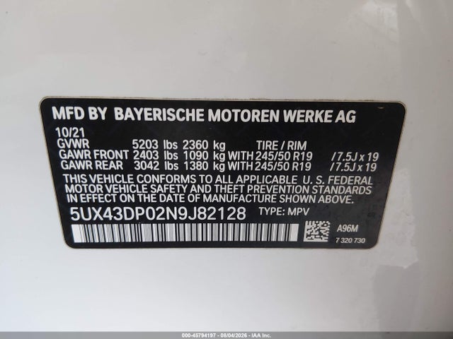 Продаж на аукціоні авто 2022 Bmw X3 Sdrive30i, vin: 5UX43DP02N9J82128, номер лоту: 45794197