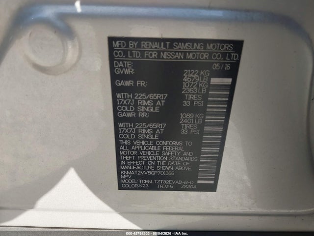 KNMAT2MV8GP701366 Nissan ROGUE SV