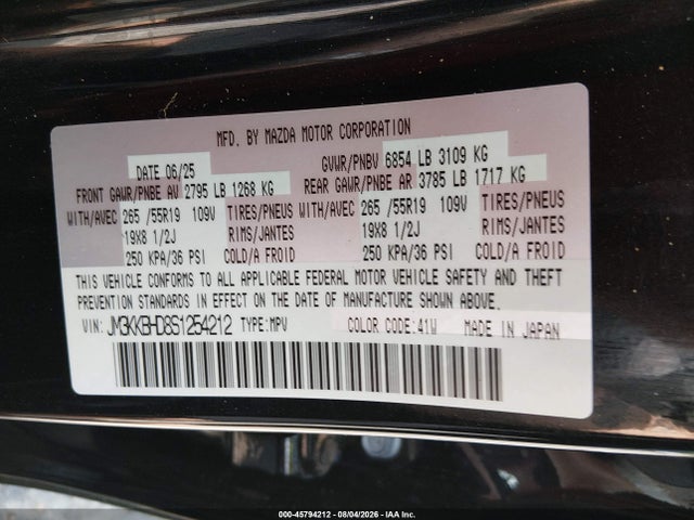 Aukcja sprzedaży 2025 Mazda Cx-90 3.3 Turbo Preferred Package, vin: JM3KKBHD8S1254212, numer aukcji: 45794212