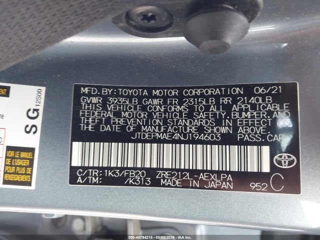 Aukcja sprzedaży 2022 Toyota Corolla Le, vin: JTDEPMAE4NJ194603, numer aukcji: 45794215