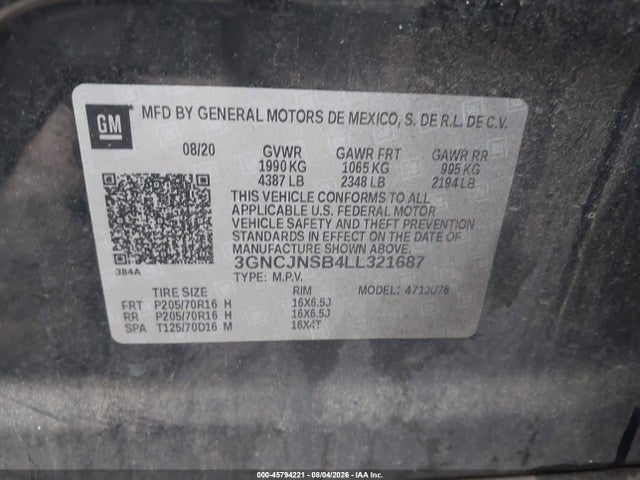 Продаж на аукціоні авто 2020 Chevrolet Trax Awd Ls, vin: 3GNCJNSB4LL321687, номер лоту: 45794221