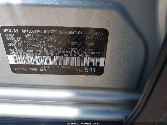 Aukcja sprzedaży 2020 Mitsubishi Outlander Es 2.4, vin: JA4AD2A33LZ044873, numer aukcji: 45794227
