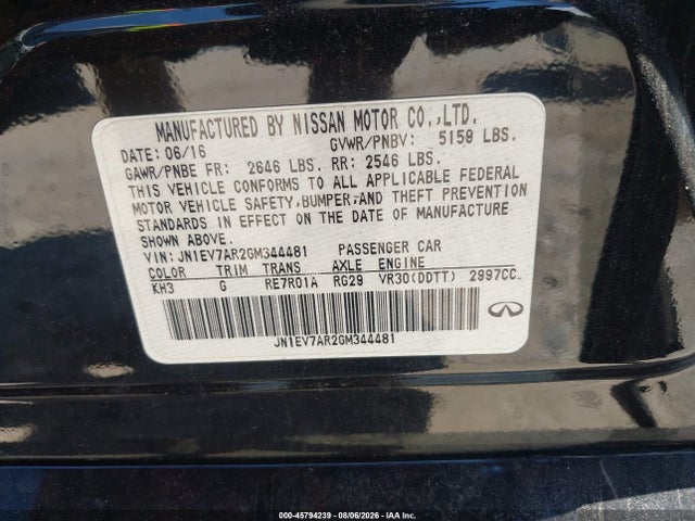 45794239 :رقم المزاد ، JN1EV7AR2GM344481 vin ، 2016 Infiniti Q50 3.0t Premium مزاد بيع