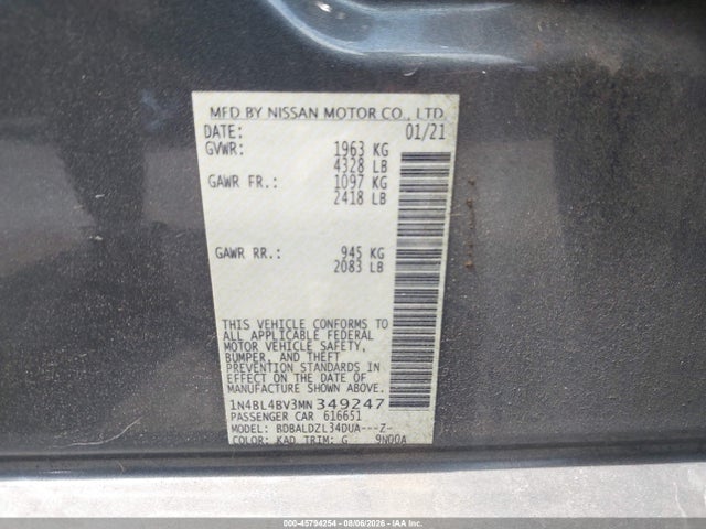 Продаж на аукціоні авто 2021 Nissan Altima S, vin: 1N4BL4BV3MN349247, номер лоту: 45794254