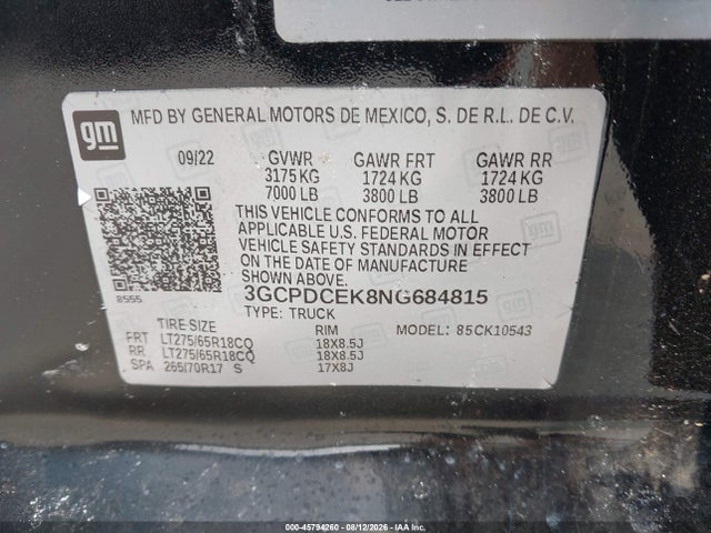 Продажа на аукционе авто 2022 Chevrolet Silverado 1500 4wd  Short Bed Custom Trail Boss, vin: 3GCPDCEK8NG684815, номер лота: 45794260