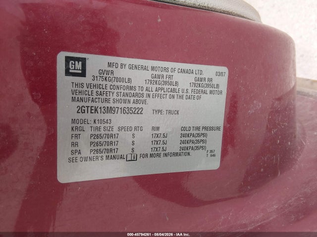 Продажа на аукционе авто 2007 Gmc Sierra 1500 Sle1, vin: 2GTEK13M971635222, номер лота: 45794261
