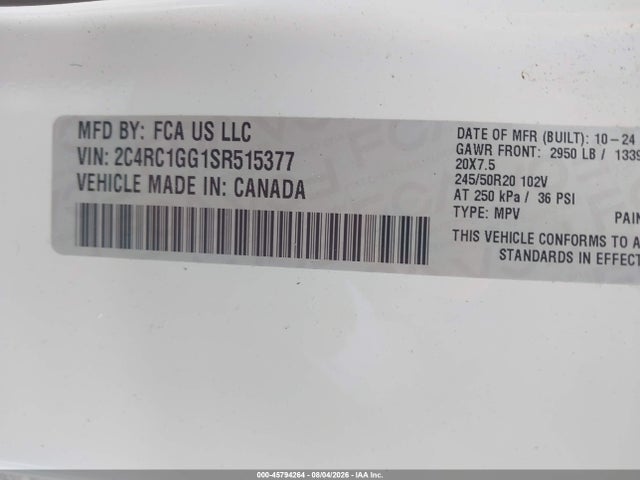 2025 Chrysler Pacifica Limited მანქანა იყიდება აუქციონზე, vin: 2C4RC1GG1SR515377, აუქციონის ნომერი: 45794264