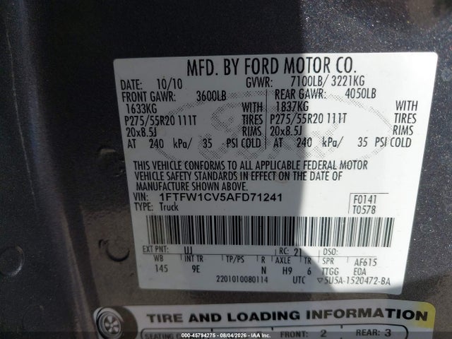 Aukcja sprzedaży 2010 Ford F-150 Platinum, vin: 1FTFW1CV5AFD71241, numer aukcji: 45794275
