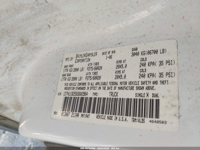 45794294 :رقم المزاد ، 1D7HU18256S602964 vin ، 2006 Dodge Ram 1500 Laramie مزاد بيع