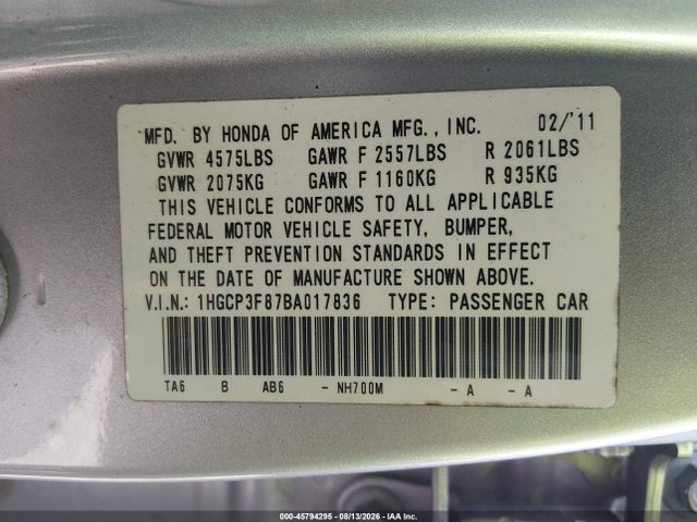 2011 Honda Accord 3.5 Ex-l მანქანა იყიდება აუქციონზე, vin: 1HGCP3F87BA017836, აუქციონის ნომერი: 45794295