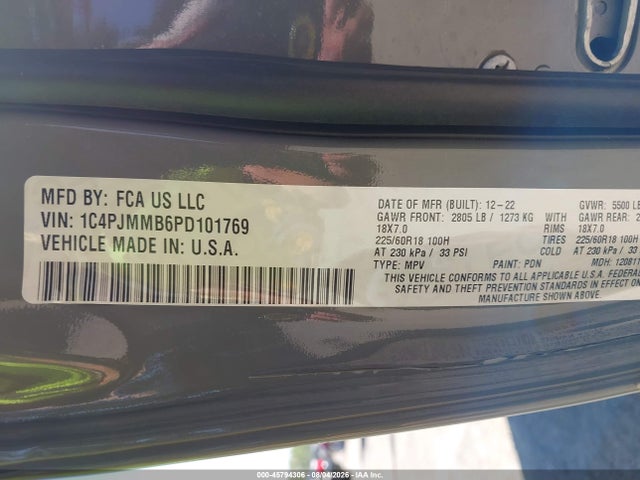 2023 Jeep Cherokee Altitude Lux მანქანა იყიდება აუქციონზე, vin: 1C4PJMMB6PD101769, აუქციონის ნომერი: 45794306