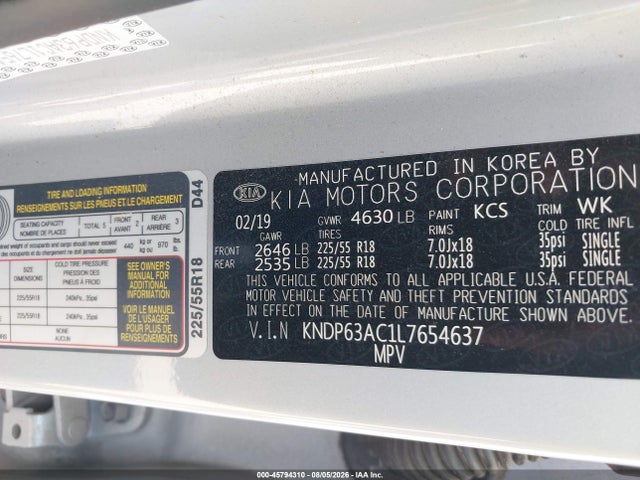 2020 Kia Sportage S მანქანა იყიდება აუქციონზე, vin: KNDP63AC1L7654637, აუქციონის ნომერი: 45794310