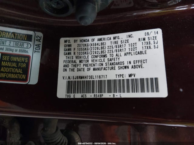 Продаж на аукціоні авто 2014 Honda Cr-v Ex-l, vin: 5J6RM4H73EL116717, номер лоту: 45794332