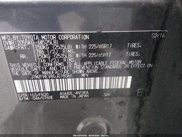 45794355 :رقم المزاد ، JTMZFREV8GJ078061 vin ، 2016 Toyota Rav4 Le مزاد بيع