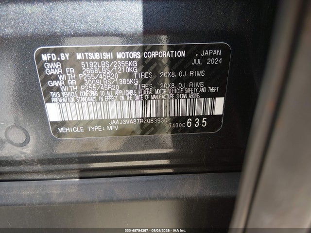 45794367 :رقم المزاد ، JA4J3VA87RZ083930 vin ، 2024 Mitsubishi Outlander Se 2.5 2wd/se Black Edition S-awc/se Black Edition W/pano Roof S-awc مزاد بيع