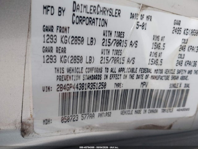 2001 Dodge Grand Caravan Sport მანქანა იყიდება აუქციონზე, vin: 2B4GP44381R351250, აუქციონის ნომერი: 45794369