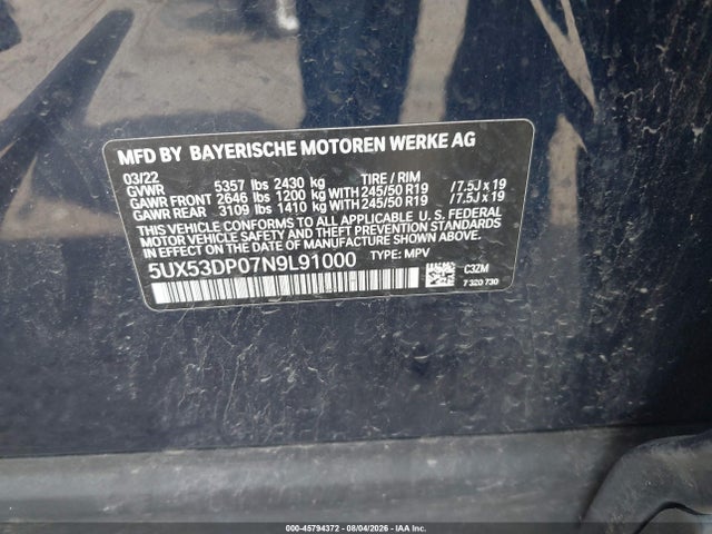 Aukcja sprzedaży 2022 Bmw X3 Xdrive30i, vin: 5UX53DP07N9L91000, numer aukcji: 45794372